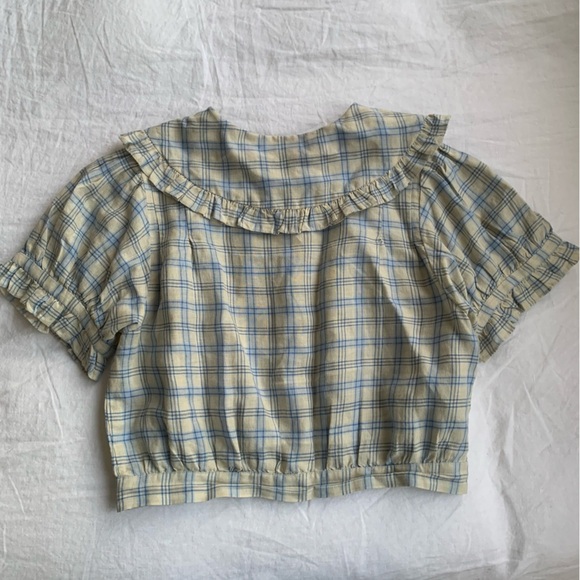 NWT Doen Sparrow Ramie Ruffle Collar Button Crop Top Meadowlark Plaid Blue - Picture 9 of 12